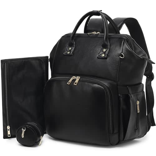 ROSEGIN Premium Vegan Leather Diaper Bag Backpack with Waterproof Changing Pad – Reinforced Stitching & Zippers, Baby Bag for Boy Girl, Stroller Straps, Ergonomic Design for Traveling Moms, Black