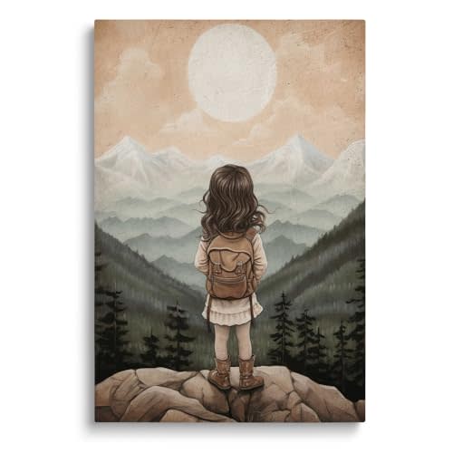 SKYSUKEY Baby Girl Adventure Nursery Wall Decor, Kids Outdoor Wall Art, Watercolor Mountain Landscape Wall Art for Gilrl's Room, Woodland Nursery Decor, Framed Canvas, 12"x16"