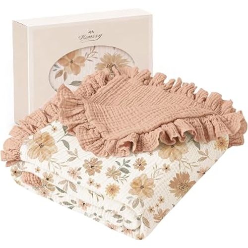 Konssy 100% Cotton Muslin Baby Blanket with Ruffle Trim for Girls, 43"x39"