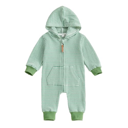 Newborn Infant Baby Boy Clothes Striped Waffle Knit Long Sleeve Zipper Hooded Romper Jumpsuit Cute Fall Winter Outfit