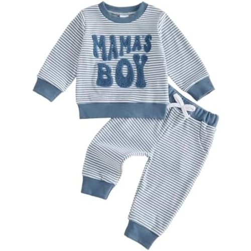 Toddler Baby Boy Fall Winter Clothes Waffle Long Sleeve Letter Embroidery Striped Sweatshirt + Pants Sets Outfit