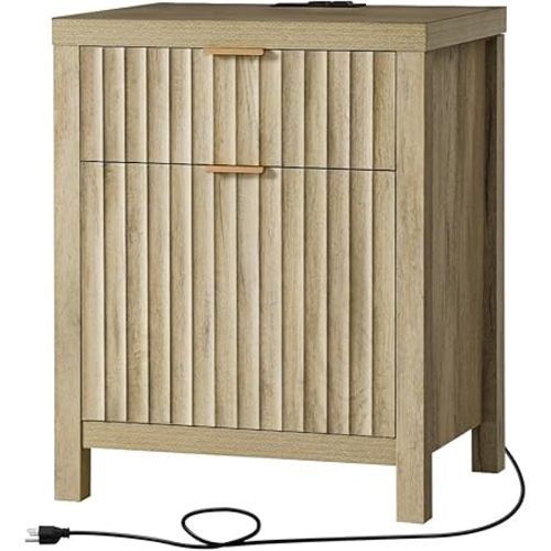 Oxford 2 Drawer Nightstand, End Table with Charging Station, Night Stand with Fluted Panel, Farmhouse Sofa Bed Side Table for Bedroom, Living Room (Sunwashed Ash Oak)