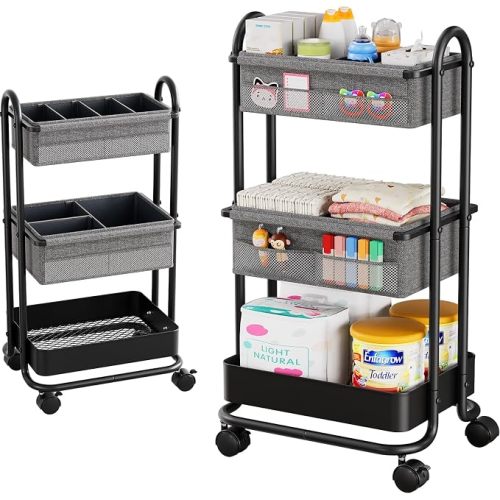 Baby Diaper Caddy Organizer Cart - 3 Tier Rolling Cart, Off White