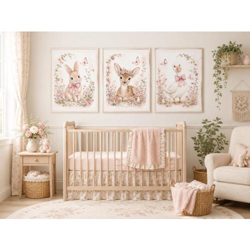 Cottagecore Nursery Wall Art Set of 3, Bunny Fawn Goose Prints, Pink Floral Woodland Baby Girl Room Decor, Watercolor Animals