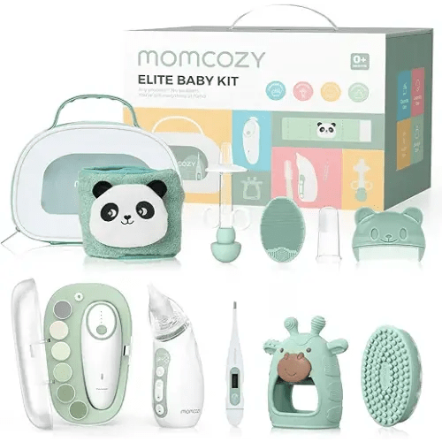 Momcozy Elite Baby Kit, Superior Baby Shower & Registry Essential Kit for Grooming & Health & Cleansing Care, Electric Nail File & Nasal Aspirator,Tummy Wrap,Thermometer,Bath Brush,Teether,Storage Bag