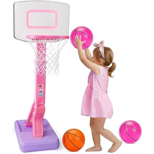 Toddler Pink Basketball Hoop for Age 1-3, Adjustable Kids Basketball Hoop with 3 Balls Indoor Outdoor Play Mini Poolside Basketball Goal Sport Toys Birthday Easter Gift for 1 2 3 4 Year Old Baby Girl