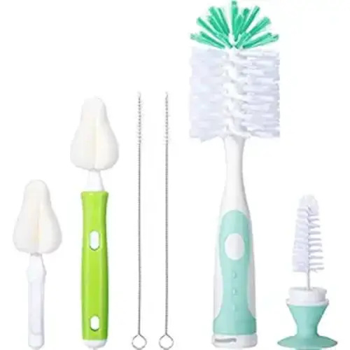 Baby Bottle Brush with One Base Hidden Nylon Nipple Cleaner, 2 Pcs Sponge Nipple Brushes, 2 Pcs Straw Brushes, Bottle Brush with Nipple Cleaner and Suction Cup (Green)