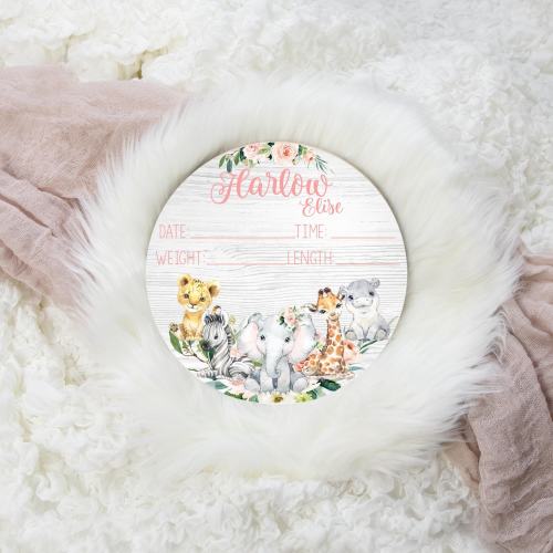 Girl Birth Stat Sign, Round Wood Birth Stat Sign, Safari Birth Stat Sign, Safari Animal Sign, Personalized Birth Stat Sign, Newborn Gift S2