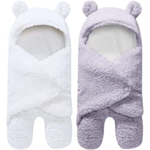 2 Pack Ultra Warm Sherpa Plush Baby Sleeping Swaddle Wrap - Newborn Essentials Must Haves for 0-6 Months - Baby Shower Registry Search Gifts for Boys Girls - Baby Stuff Accessories (Grey and White)
