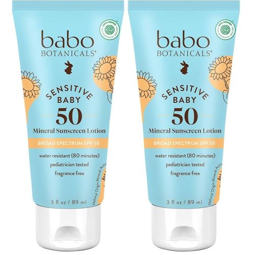 Babo Botanicals Sensitive Baby Mineral Sunscreen Lotion SPF50 Natural Zinc Oxide Face & Body Fragrance-Free WaterResistant - EWG Verified Vegan Extra Sensitive Skin For Babies & Kids (Pack of 2)