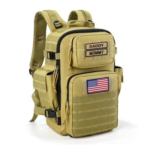SHARKMOUTH Military Diaper Bag for Dad - Insulated Baby Diaper Backpack with Patches for Hiking Travel Camping - Baby Shower Gifts Tan