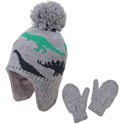Baby Toddler Kids Winter Hats and Gloves Set Knit Earflap Beanie Warm Fleece Cap for Boy Girl
