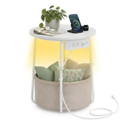 VASAGLE LILEA Collection - Side Table with Charging Station, Round End Table with Fabric Basket, LED Nightstand with USB Ports, Modern, for Living Room, Matte White and Camel Brown ULET227W01