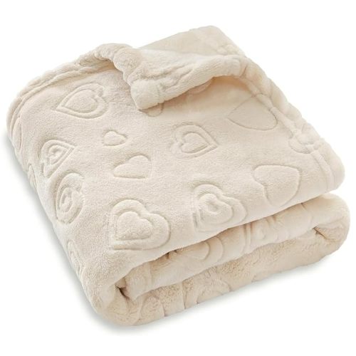 BORITAR Baby Blanket with Heart Design for Girls Ultra Soft Fleece Warm and Lightweight Blankets for Infant Toddler Newborn, 30x40 Inch, Beige