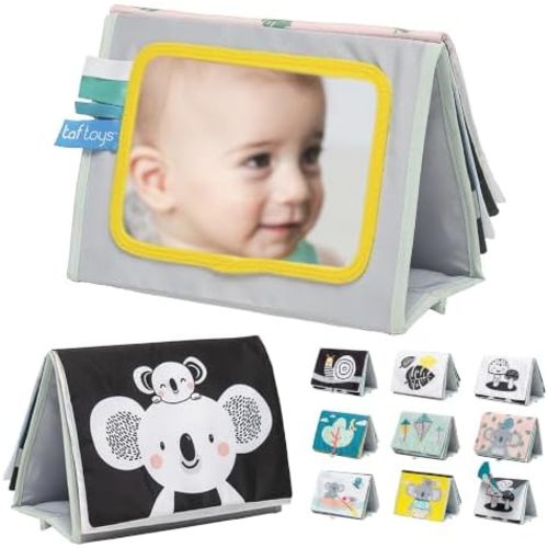 Taf Toys Soft Tummy Time Crinkle Book with Baby Safe Mirror & Koala Teether - High Contrast Montessori Baby Toy for Newborns & Infants - Early Development Sensory Activity