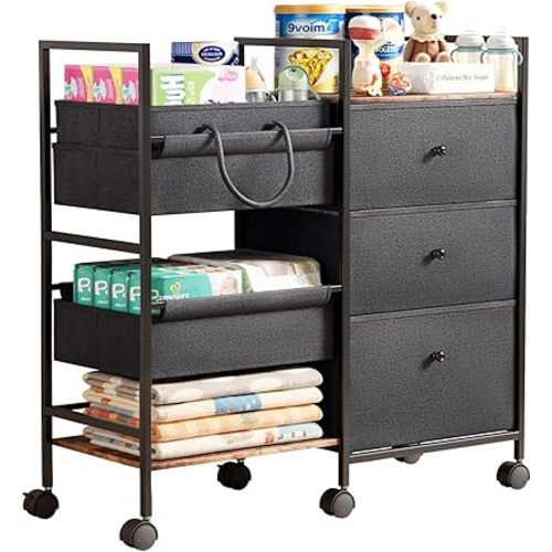 2-in-1 Baby Diaper Caddy Organizer and Storage - 3 Tier Rolling Cart with Dividers and Drawers, Baby Essentials for Nursery Cart with Wheels, Large Toy & Baby Clothes Organizers and Storage