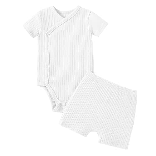 SOBOWO Newborn Boy Girl Clothes Summer Infant Ribbed Set Solid Short Sleeve Baby Side Snap Bodysuit Shorts Coming Home Outfit