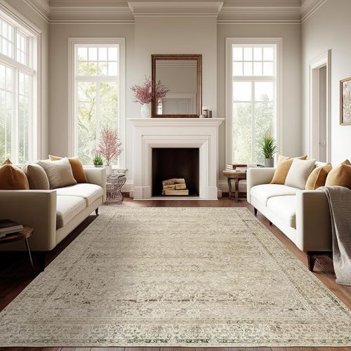 Boho Cream Area Rugs 6x9 for Bedroom Washable Floral Neutral Modern Rug for Living Room,Light Beige and Tan Brown
