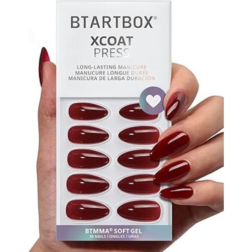 BTArtbox Press On Nails Almond - Lamp-Curable Dark Red Medium Press On Nails with Glue for Women, Semi-Transparent Soft Gel Glue On Nails in 15 Sizes - 30 Stick On Nails Kit, Blackout