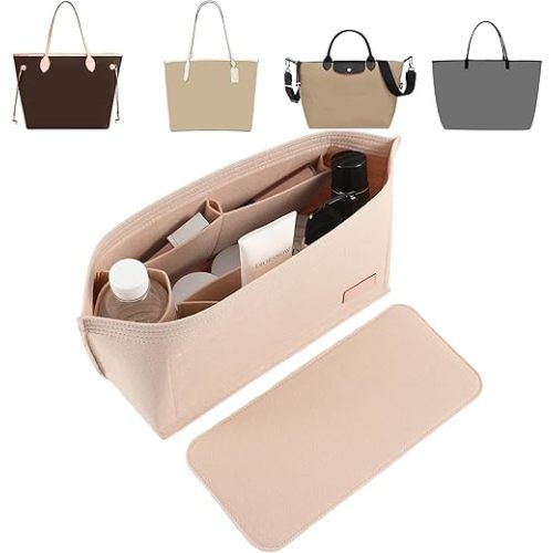 Doxo Purse Organizer Insert for Handbags & Base Shaper 2pc Set,Felt Organizer Insert Large Tote,Bag Organizer with Zipper 3 Sizes,Fit Speedy Neverfull MM and More(Beige-L-Combination)