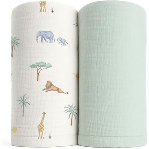 Soft 100% Cotton Swaddles for Newborns, 2- Pack - Large, Breathable Baby Blanket - Versatile, Durable Muslin Swaddle Blankets - Perfect Newborn Essentials (Safari/Green)