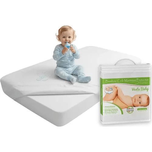 Vesta Baby Premium Ultra Soft Natural Bamboo Rayon Jacquard Crib Mattress Protector - 52” x 28” Fitted Noiseless Waterproof Crib Mattress Cover - Absorbent Breathable Pad for Infant & Toddler Bed