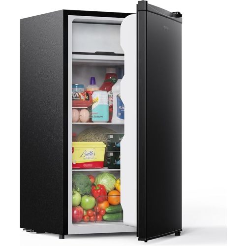 Upstreman 3.2 Cu.Ft Mini Fridge with Freezer, Quiet Efficient Small Fridge, Compact Refrigerator with Adjustable Thermostat, for Dorm, Bedroom, Office, Black-BR321
