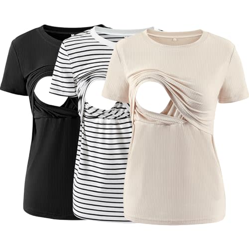 Liu & Qu Women's Maternity Nursing Tops Rib Short Sleeve Breastfeeding Shirts Maternity Clothes 3-Pack