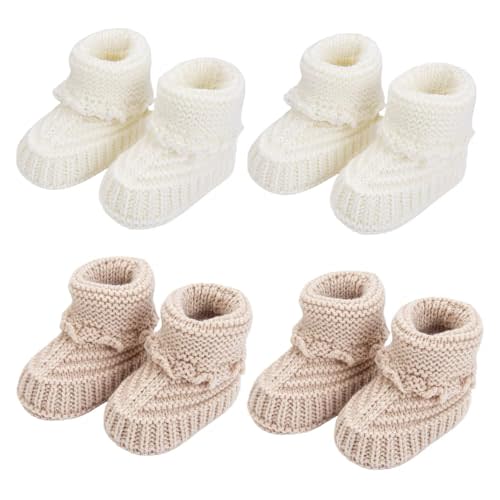 Baby Booties, Newborn Walking Shoes, Infant Hand Crochet Knit Cotton Sock Booties, Soft Cozy Socks Slippers, Indoor House Shoes for Baby, 2 Pairs