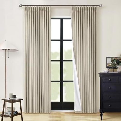Burlywood Birch 100% Blackout Pinch Pleated Linen Curtains 84 Inches Long