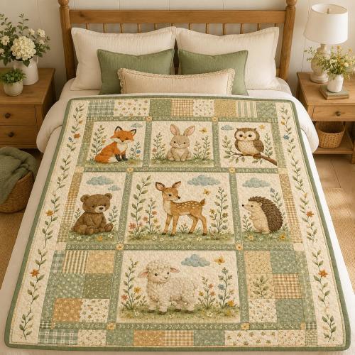 Woodland Baby Quilt Blanket, Forest Animal Nursery Bedding, Sage Green Patchwork Throw, Baby Shower Gift for Boy or Girl