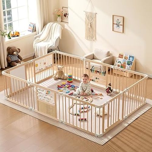 Ronasip Wooden Baby Playpen with Montessori Toys,95"x63" Extra Large Foldable Baby Playpen,10 Panel Natural Pine Wood Play Yard Activity Center for Babies & Toddlers, CPC Certified (95X63)