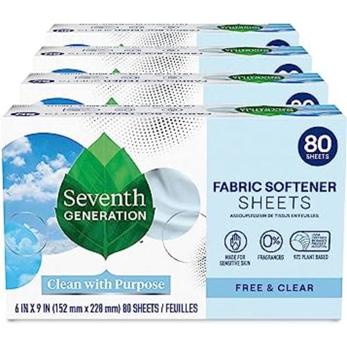 Seventh Generation Dryer Sheets Fabric Softener Free & Clear Fragrance Free 80 Sheets (Pack of 4)