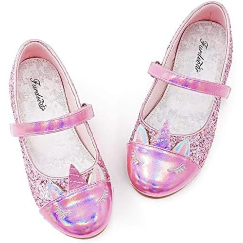 Furdeour Girls Dress Shoes Mary Jane Flower Wedding Party Bridesmaids Shoes Glitter Princess Ballet Flats for Kid Toddler