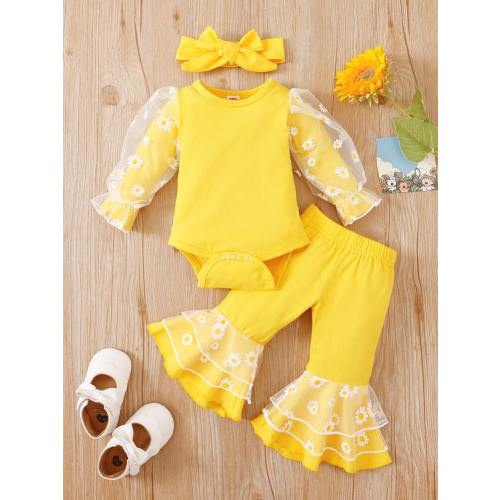SHEIN Baby Girl Contrast Floral Mesh Flounce Sleeve Bodysuit & Flare Leg Pants With Headband | SHEIN USA