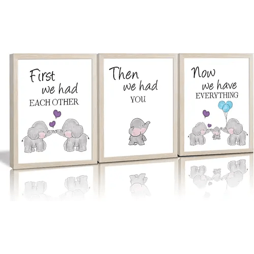 KAIRNE Watercolor Elephant Family Framed Canvas Wall Art ,First We Had Each Other Quote Art Print,Nursery Animal Love Words Picture Ready to Hang For Kids Room Decor