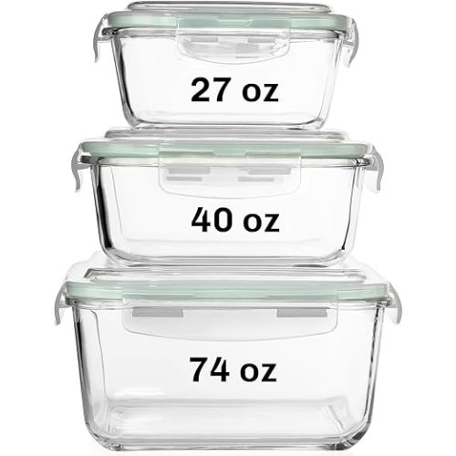 Razab 6 PC Square Glass Food Storage Containers with Airtight lids (74, 40 & 27 oz) Kitchen Glass Meal Prep Containers Set for Freezer Reusable Leftover Lunch Boxes, Oven, Microwave, Dishwasher Safe