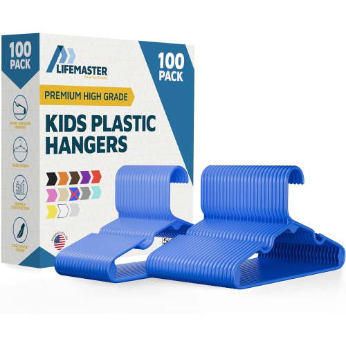 Plastic Kids Clothes Hangers – Children Clothes Hanger with Shoulder Notch, 11.6 Inch Space-Saving Closet Organizer for Baby, Toddler, and Kids Clothing, Hold Up To 5 lbs, Pack of 100, Blue