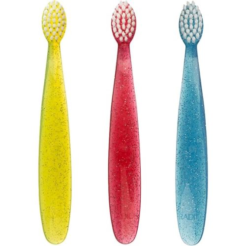 RADIUS Children's Toothbrush, Totz Brush, Extra Soft Bristles, Blue/Coral/Yellow, BPA Free & ADA Accepted, Designed for Delicate Teeth & Gums for Children 18 Months & Up, Pack of 3