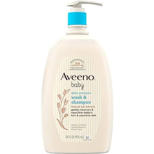 Aveeno Baby Daily Moisture Gentle Bath Wash & Shampoo with Natural Oat Extract, Hypoallergenic, Tear-Free & Paraben-Free Formula for Sensitive Hair & Skin, Lightly Scented, 33 fl. oz