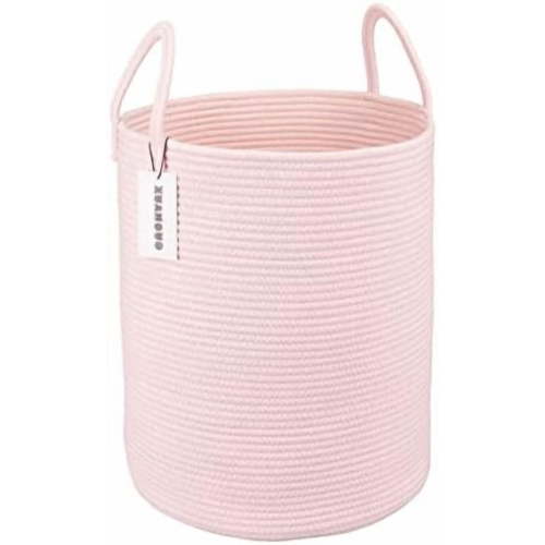 Cotton Rope Laundry Basket Hamper for Girls Kids Baby Nursery Hamper Bin Woven Storage Basket for Living Room Girls room Boho Tall Rope Baskets for Blanket Toys Large light pink