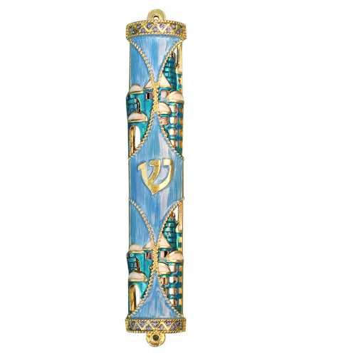 Handmade Jerusalem Jeweled Enamel Mezuzah w Gold Accents & Stunning Crystals, Jewish Mezuzah w Scroll for Door, Judaica Gift for Home - Blue
