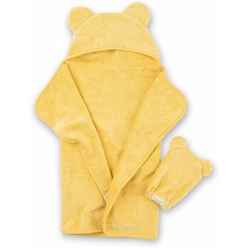 Bella Tunno Baby Bath Towel and Wash Mitt Set – Soft Absorbent Hooded Towels and Mitt-Style Baby Washcloths, Oeko-TEX Certified (Sunshine)