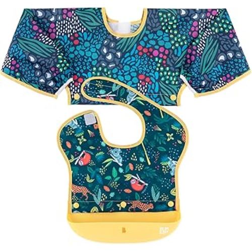 Bumkins Silicone Bibs for Girl or Boy, Baby and Toddler 6-24 Mos, Essential Must Have for Eating, Feeding, Combination Fabric SuperBib and Long Sleeve with Attachable Pocket Food Catcher, Jungle