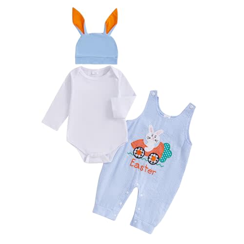 LAGKIYOJ My First Easter Baby Boy Outfit Bunny Embroidery Farm Romper Plaid Overall Ears Hat Newborn Baby Easter Clothes