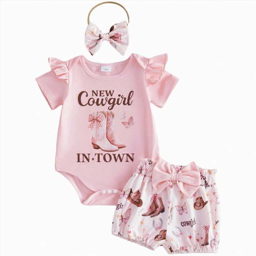 Xyant Western Baby Girl Summer Outfit Short Sleeve New Cowgirl in Town Romper Boots Print Shorts Set Newborn Cowgirl Clothes (Pink,0-3 Months)
