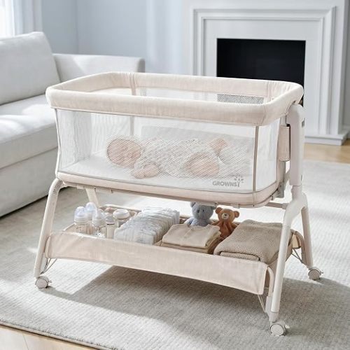 GROWNSY 5-in-1 Baby Bassinet Bedside Sleeper with Gentle Rocking Mode Cream