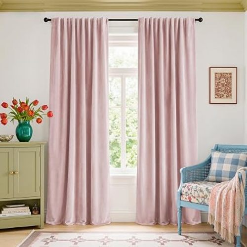 Lazzzy Dusty Pink Velvet Curtains Romantic Rod Pocket 52×90 Inch 2 Panels