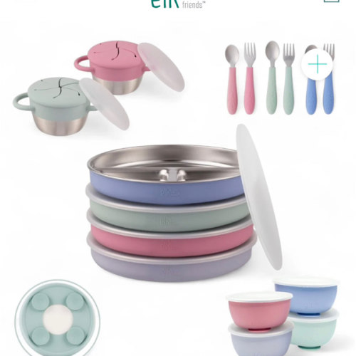 Stainless Steel Mealtime Bundle | Sucton Sleeves | Plates, Bowls, Snack Cups + Toddler Utensils | 16 Pcs | Blush/Lilac/Sage/MistyBlue