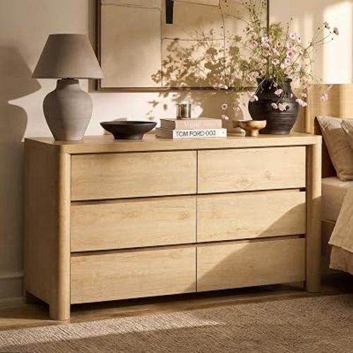 ModernMate 6 Drawer Dresser for Bedroom, 52" Wide Wooden Dresser with 3.1" Solid Rounded Legs, Heavy Duty Modern Wood Chest of Drawers, Large Storage Organizer for Living Room, Hallway, Natural